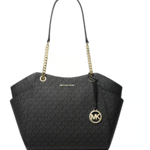 Michael Kors white tote bag with signature monogram canvas and gold chain links