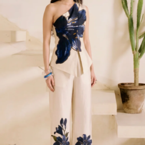 Beige Valerie floral print one-shoulder top and matching wide-leg trousers co-ord set