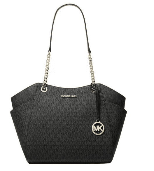 Michael Kors white tote bag with signature monogram canvas and gold chain links