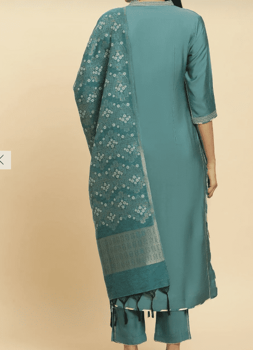 Blue Embellished Kurta, Pants And Jacquard Dupatta Set - Image 3