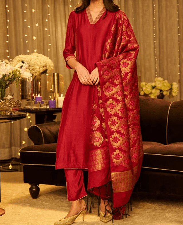 Blue Embellished Kurta, Pants And Jacquard Dupatta Set - Image 11