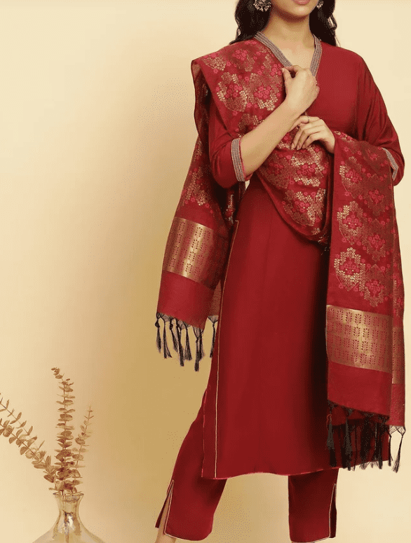 Blue Embellished Kurta, Pants And Jacquard Dupatta Set - Image 12