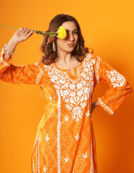 Orange Bandhani Print Chikankari Embroidered Kurta - Image 2