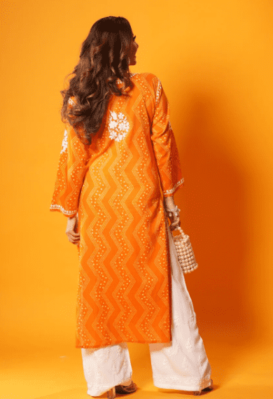 Orange Bandhani Print Chikankari Embroidered Kurta - Image 4