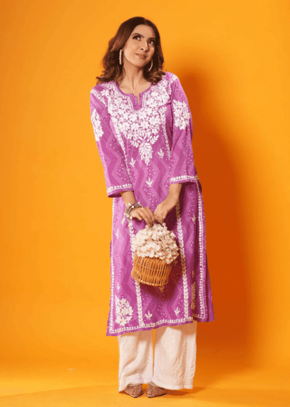 Orange Bandhani Print Chikankari Embroidered Kurta - Image 6
