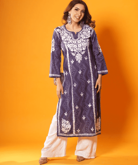 Orange Bandhani Print Chikankari Embroidered Kurta - Image 7