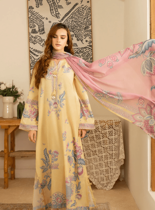 Yellow Floral Printed & Embroidered Kurta - Image 3