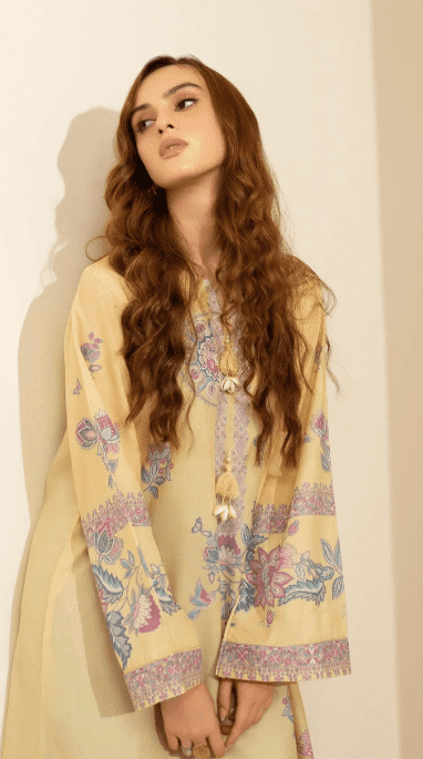Yellow Floral Printed & Embroidered Kurta - Image 4