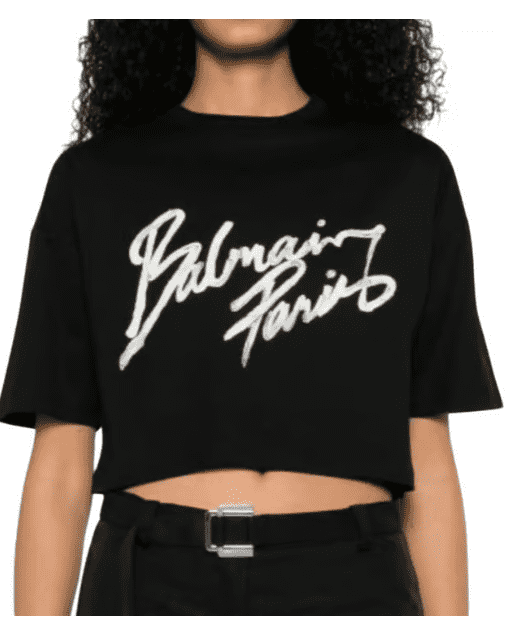Balmain Black Round Neck Logo Crop T-Shirt - Image 2