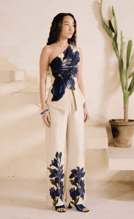 Beige Valerie floral print one-shoulder top and matching wide-leg trousers co-ord set