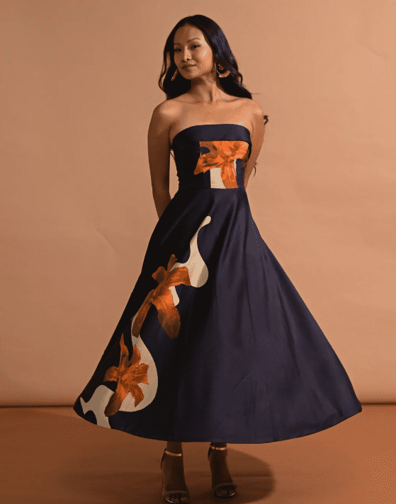 navy blue floral strapless midi dress