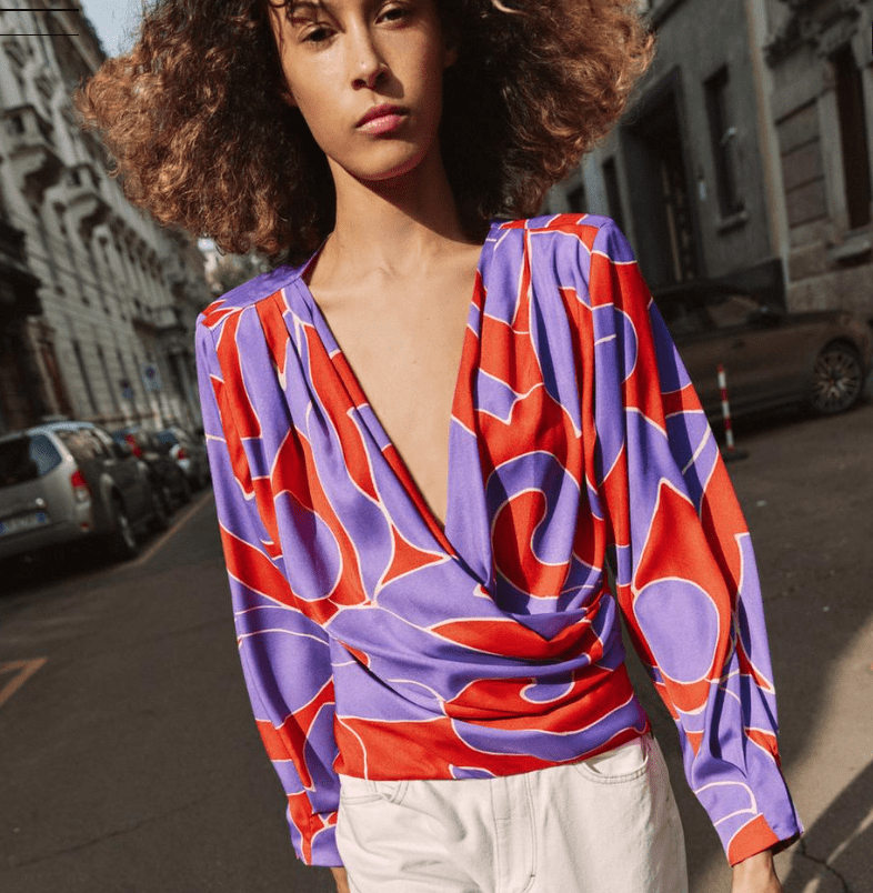 printed satin shirt with shoulder pads